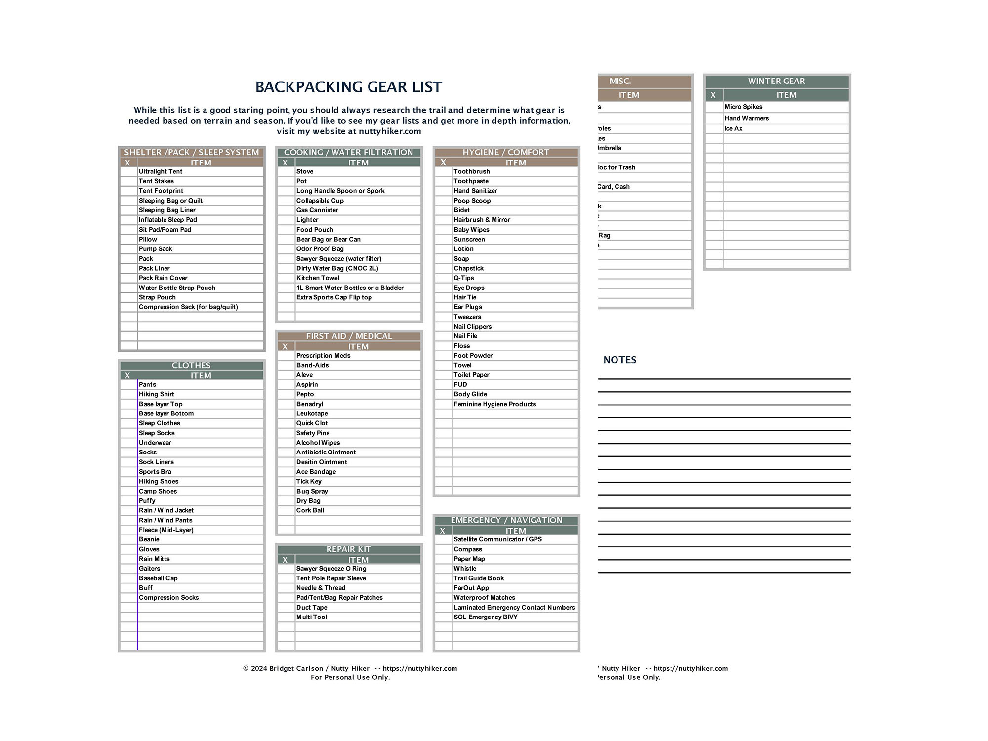 Backpacking Gear Checklist