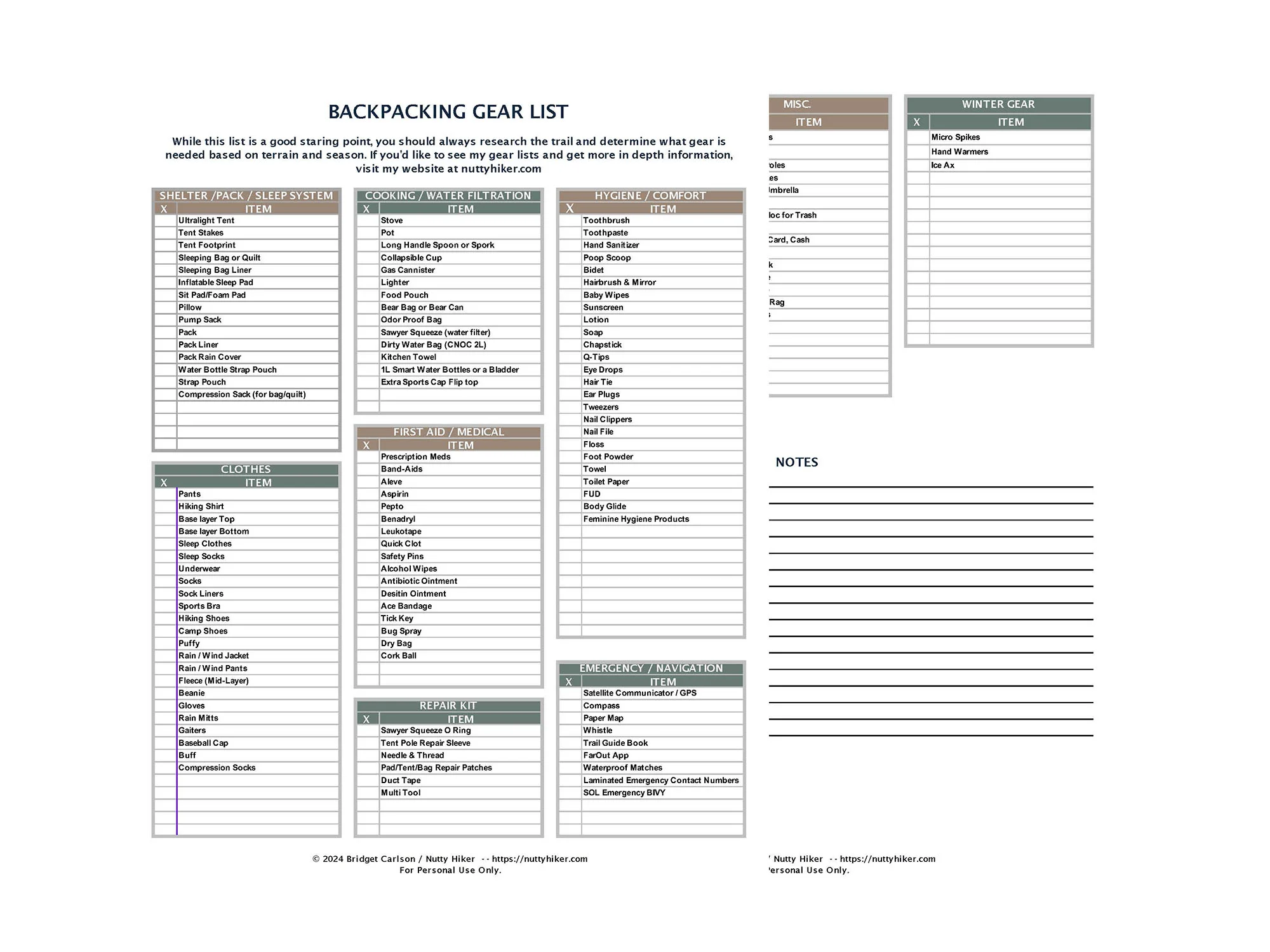 Backpacking Gear Checklist Free Download