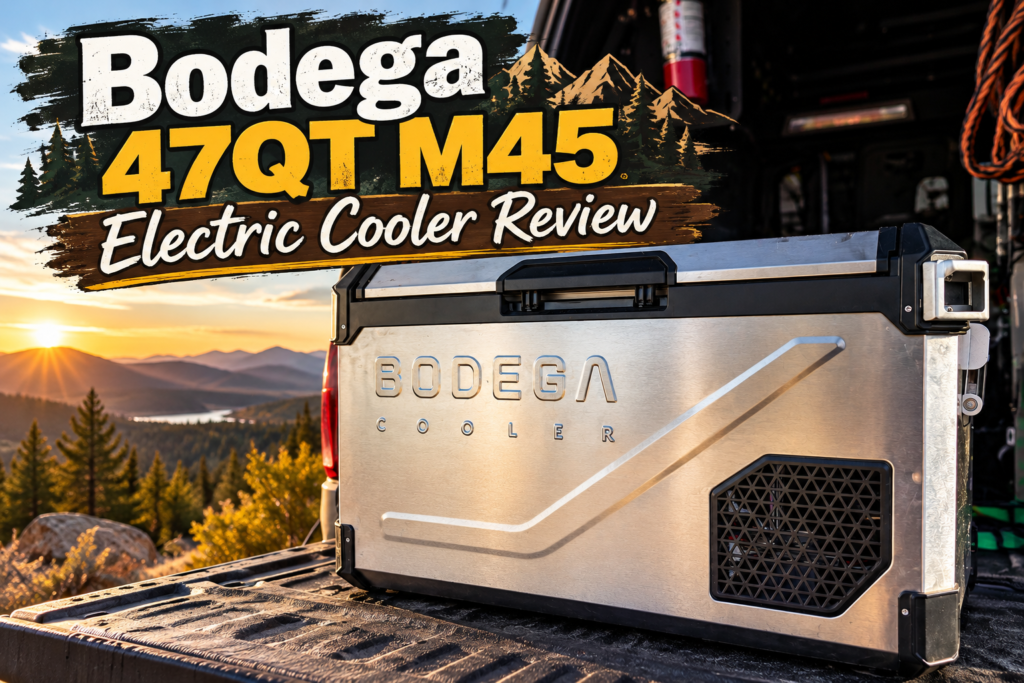 BODEGA 47QT M45 stainless steel electric cooler in a truck bed against a mountain landscape at sunset, with bold text reading “Bodega 47QT M45 Electric Cooler Review.”