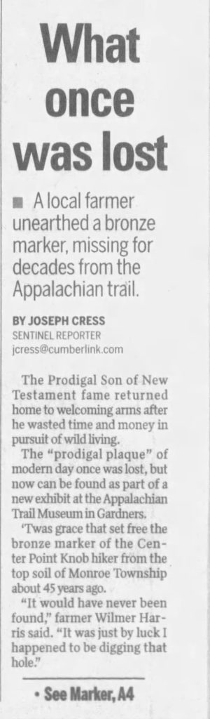Center Point Knob Plaque Returned 1 The Sentinel July 03 2011 nuttyhiker