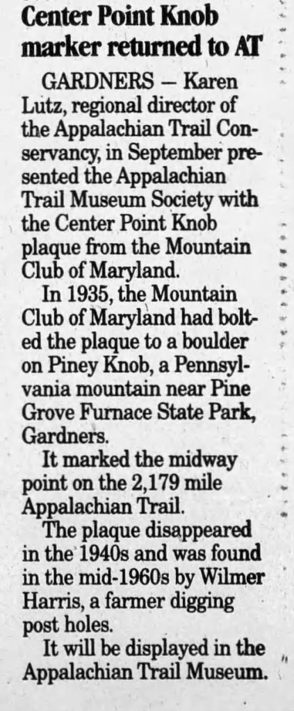 Center Point Knob Plaque Returned Public Opinion Nov 14 2010 nuttyhiker
