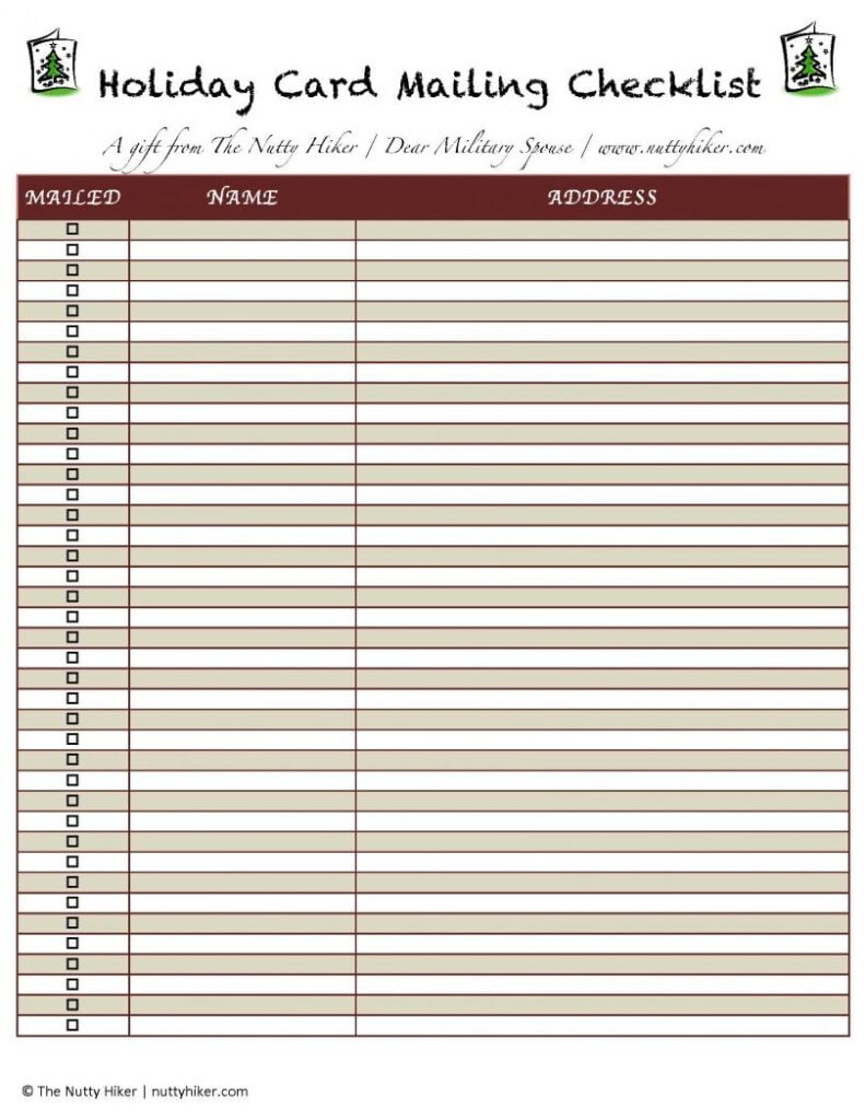 Free Christmas Card Mailing list checklist.