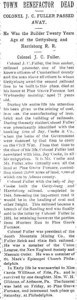 Fuller Lake Col Fuller Obit Gettysburg Compiler Oct 26 1904