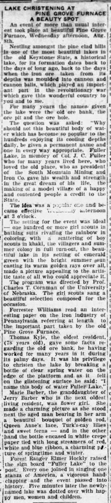 Fuller Lake Named The Sentinel Aug 14 1923