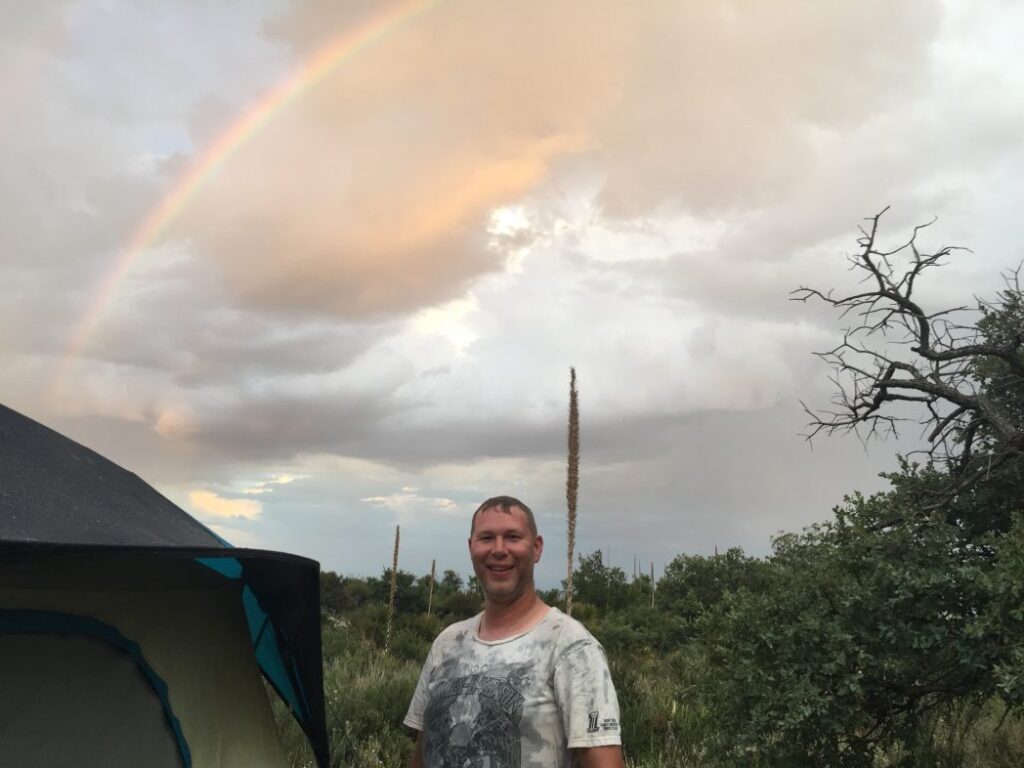 Rainbow appears at campsite after a rain shower at Guadalupe Mountains National Park