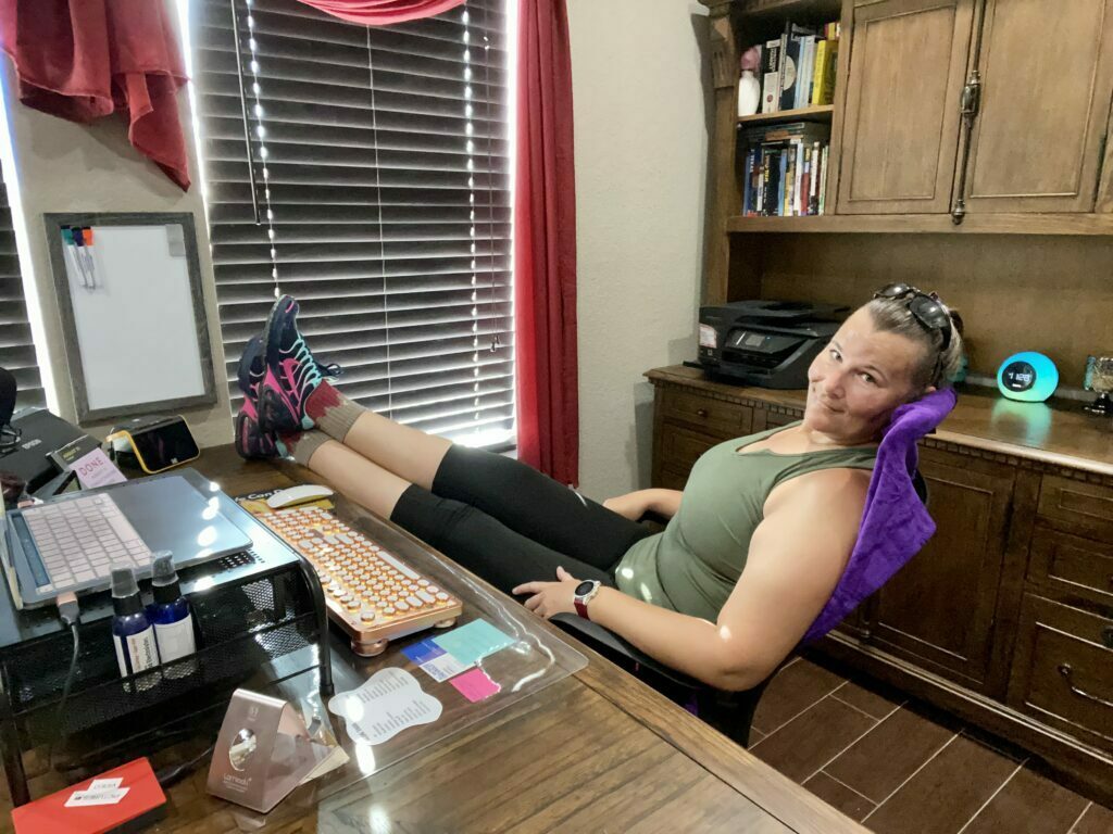 Just me getting ready to conquer the day while protecting my office chair from my sweaty self with the Orange Mud Transition Wrap