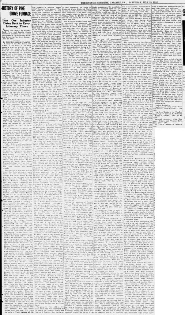 Pine Grove Iron Works History The Sentinel Jul 29 1933