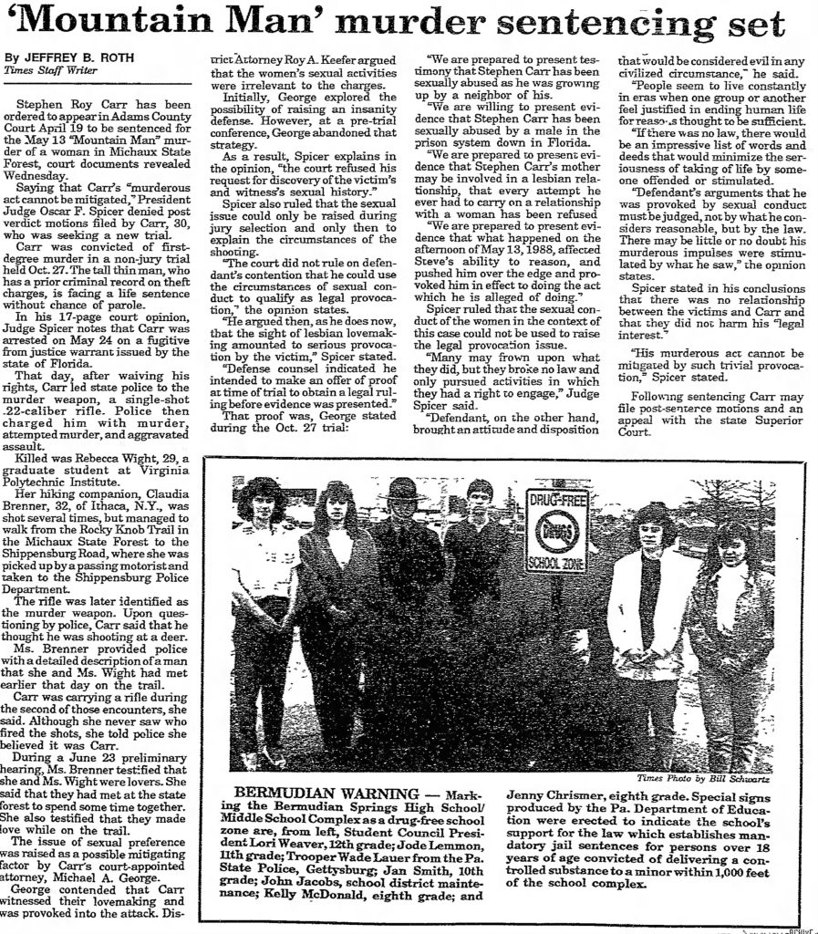 Rebecca Wight and Claudia Brenner Gettysburg Times Apr 06 1989