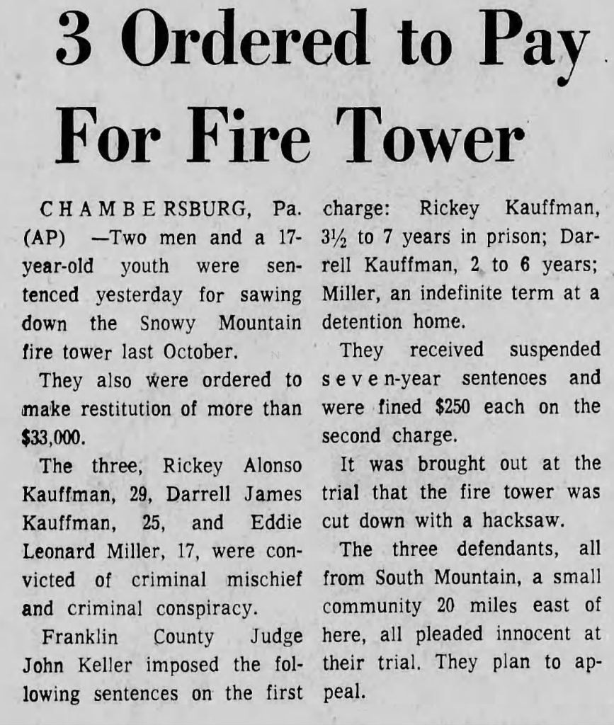 Snowy Mountain Fire Tower convicted patriot news april 1974