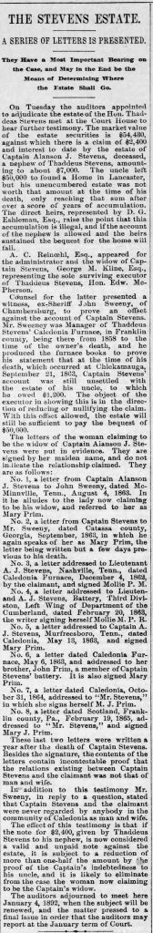 Thaddeus Stevens Estate Letters The Semi Weekly New Era Nov 28 1891