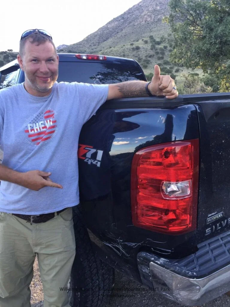 My husband proud that I am not killing him for hurting my truck at Williams Ranch at Guadalupe Mountains National Park in Texas