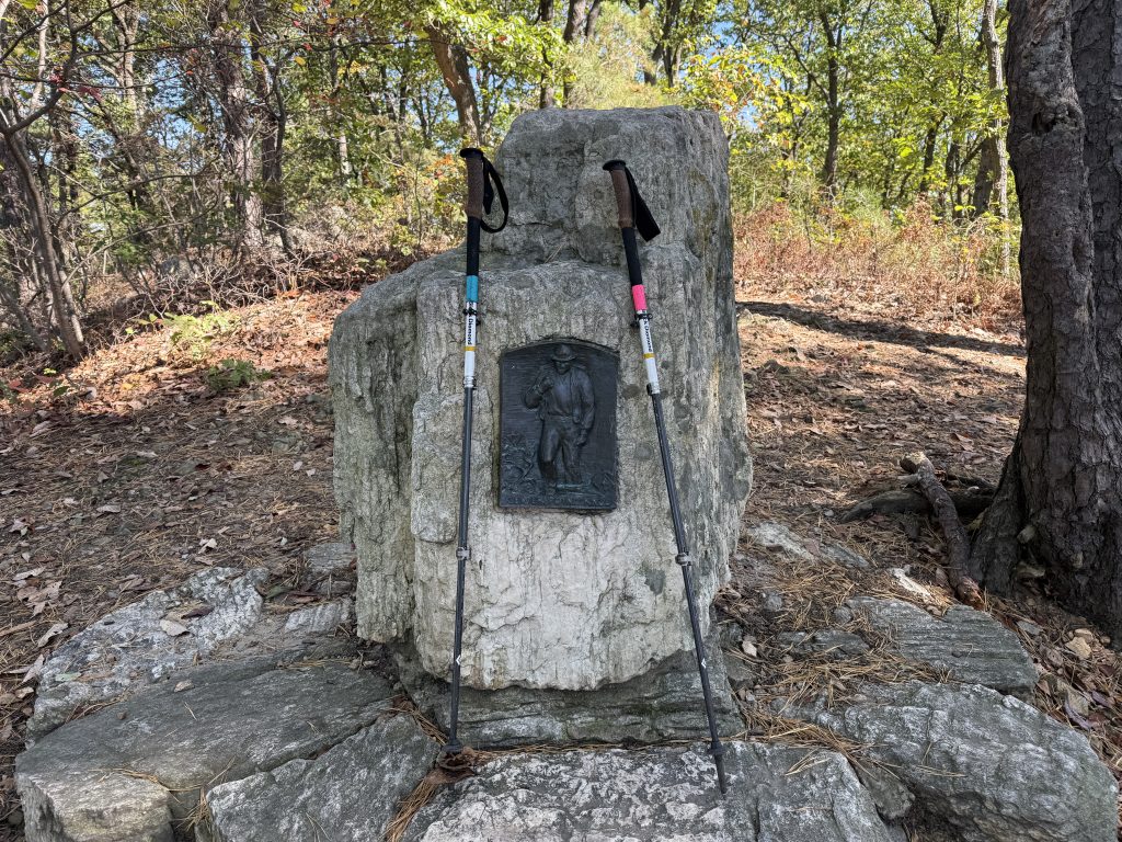 large boulder with a plaque on it surrounded by trees with two trekking poles leaning against it