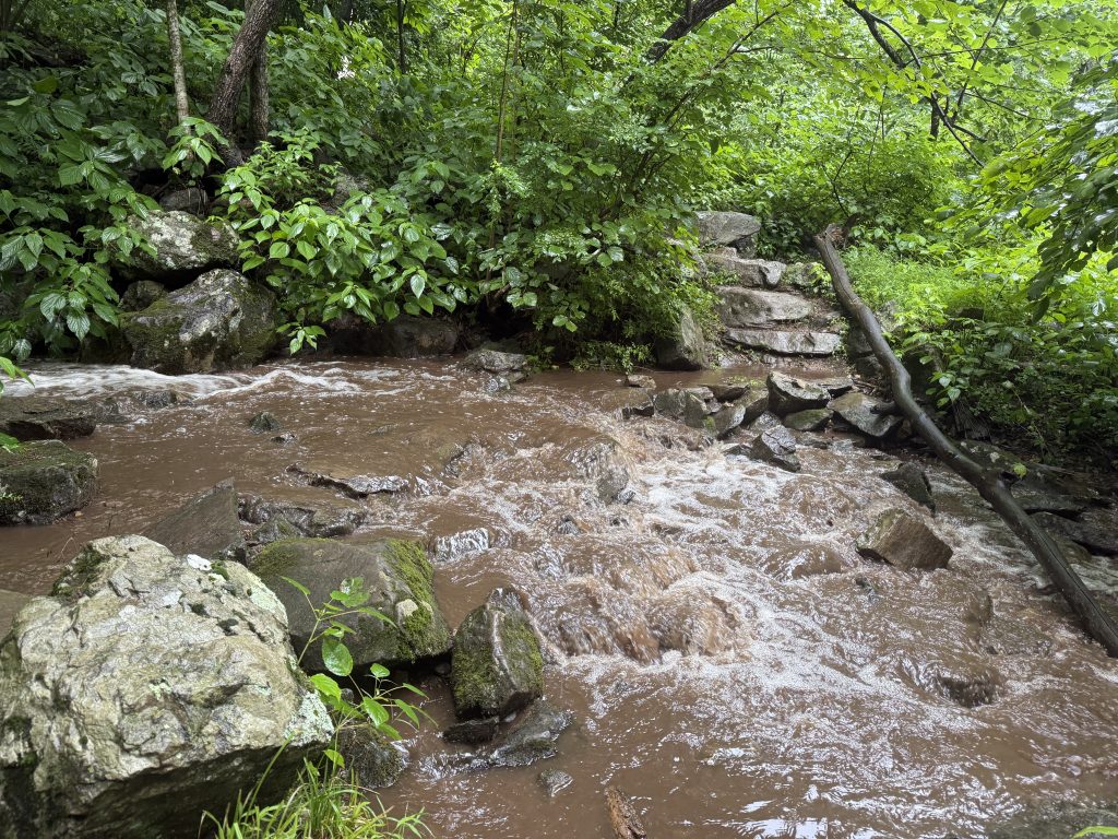 large flow of water running across trail