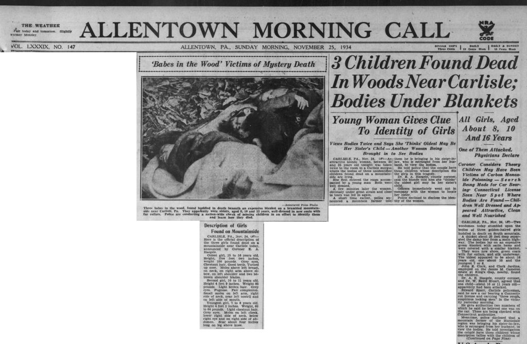 babes in the Woods initial article The Morning Call Nov 25 1934 pg 1
