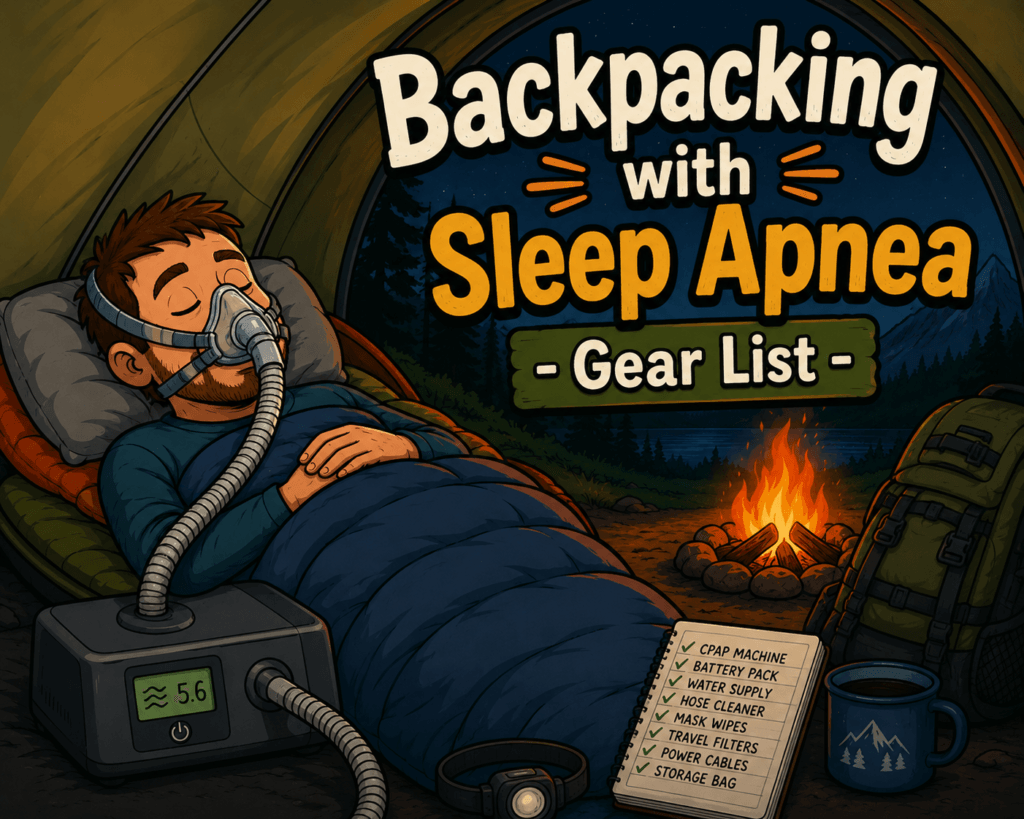 Backpacking with sleep apnea gear list text on a cartoon man wearing a CPAP inside of a tent