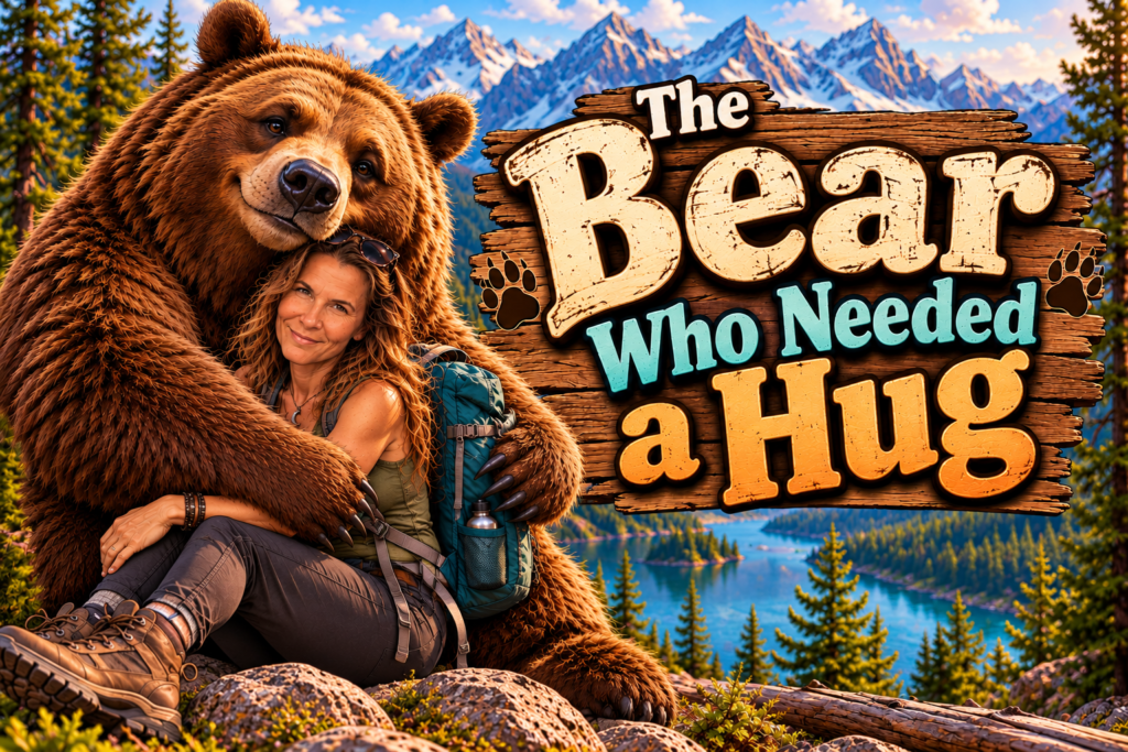cartoonish bear hugging a woman in front of snow covered mountains