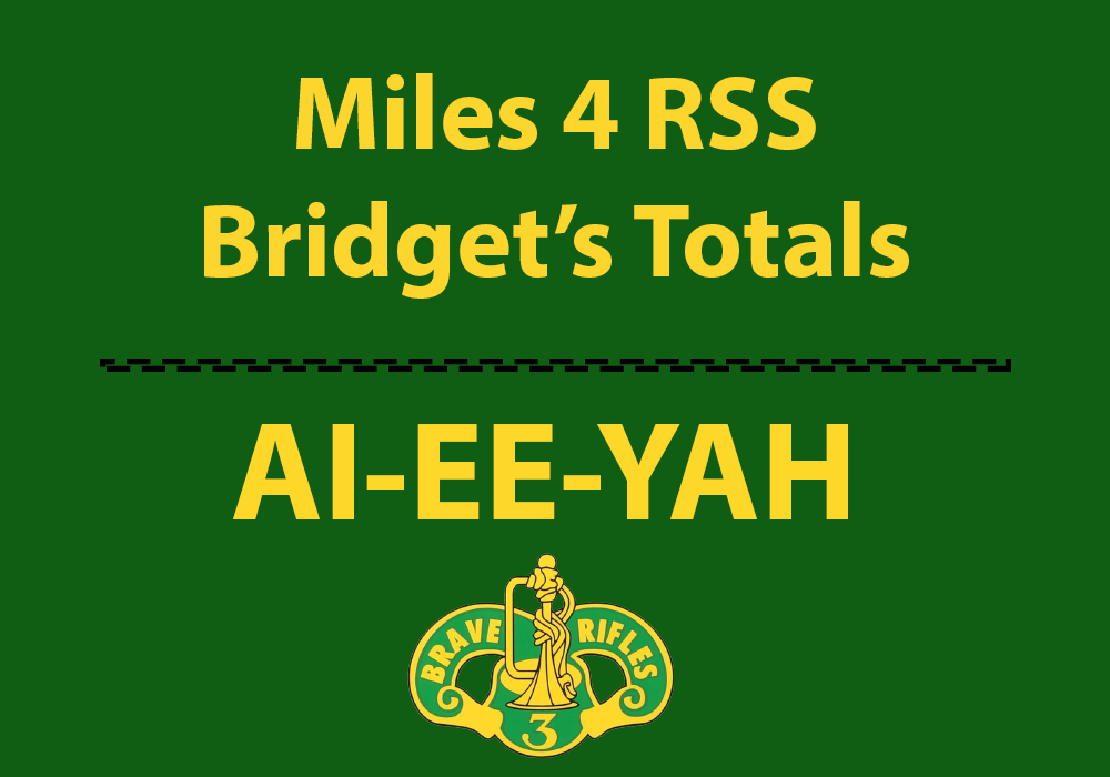 Bridget Carlson's total miles logged for 3CR RSS Soldiers that are deployed Fort Hood Texas