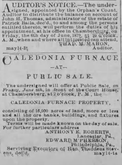 caledonia furnace auctioned off franklin repository may 14 1879