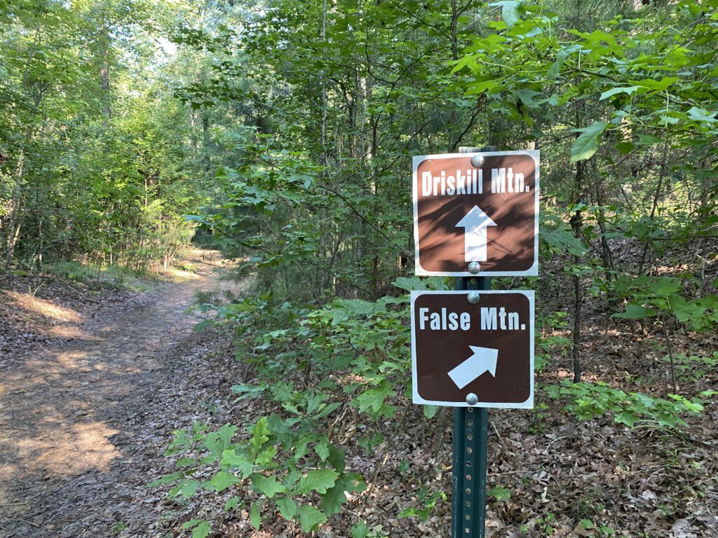 driskill mountain and fasle mountain trail split signs