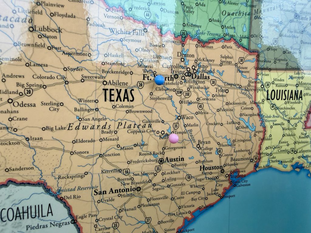 map of Texas with a pushpin in it marking Killeen, Texas