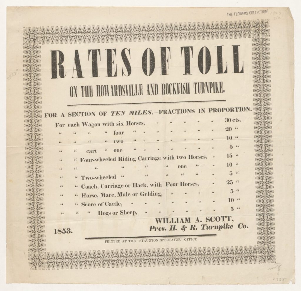 toll sheet for the Howardsville Turnpike in 1853