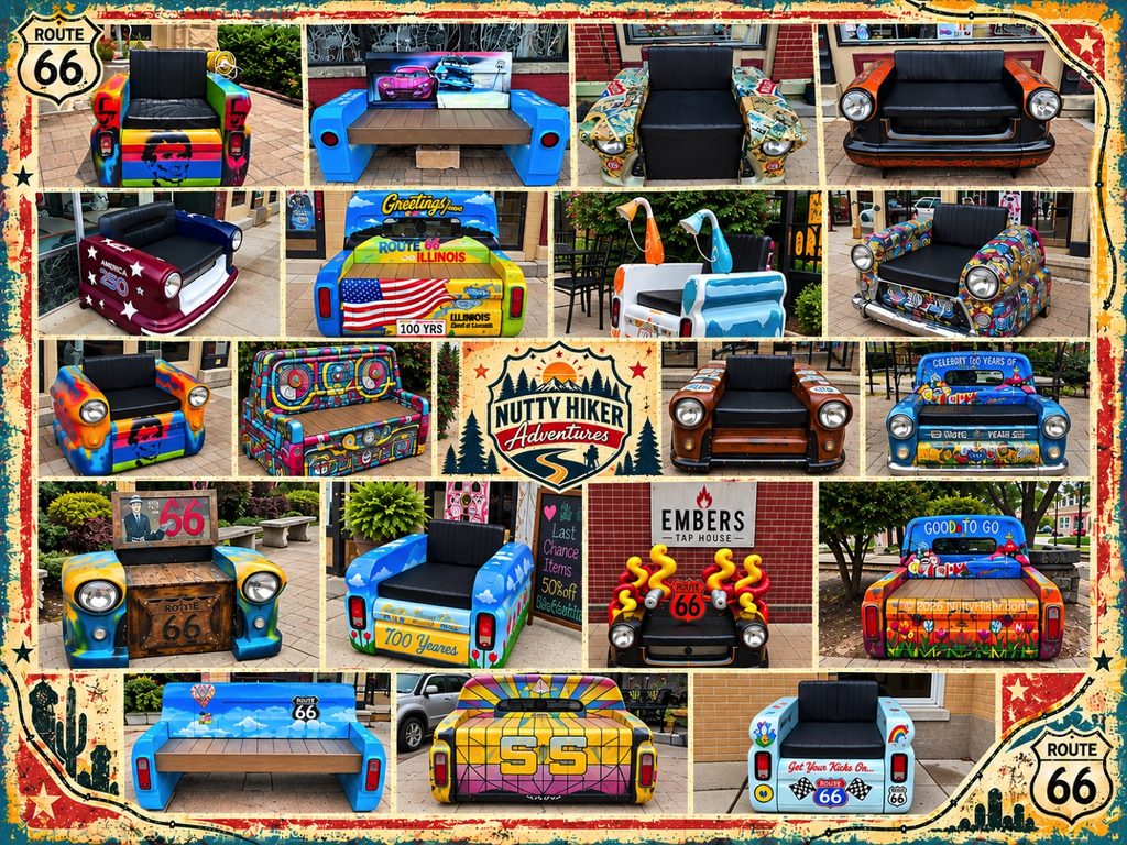 Collage of colorful Route 66-themed benches shaped like classic cars and trucks, featuring murals, Americana designs, and vintage Route 66 shields in a distressed postcard-style border.