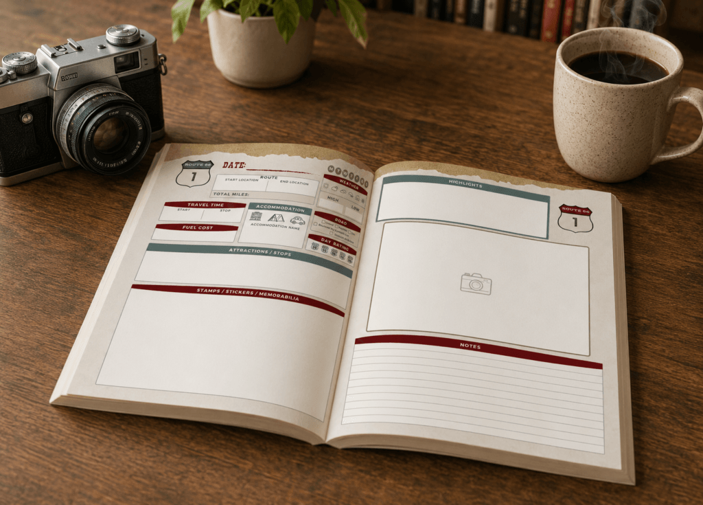 The Route 66 travel journal: My Route 66 Mother Road story opened up on a desk next to a camera and cup of coffee