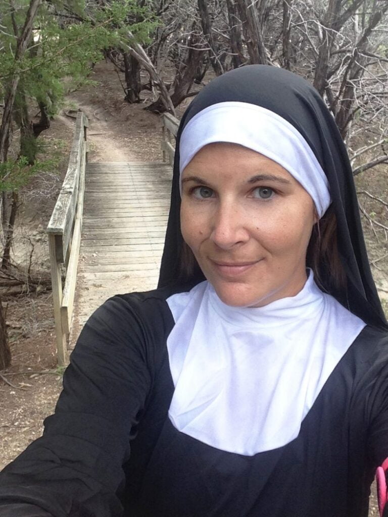 Hiking as a nun at Dana Peal Park near Fort Hood Texas