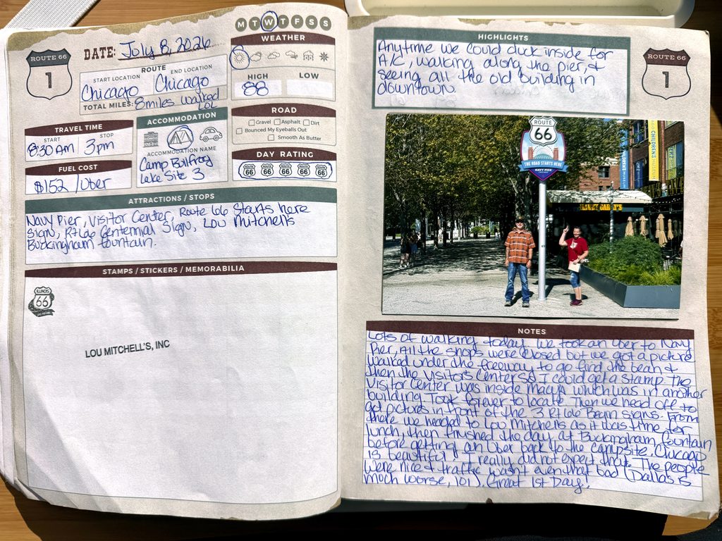 route 66 day 1 route 66 journal entry for day 1 showing places stopped, stamps, and a picture