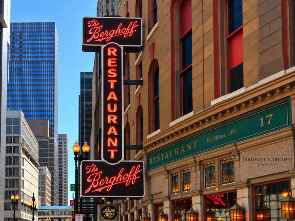 The Berghoff Restaurant and neon sign on Adams Street in downtown Chicago, viewed along an empty one-way street with dashed white lane markings, historic buildings, modern skyscrapers, and a pedestrian skybridge in the distance.