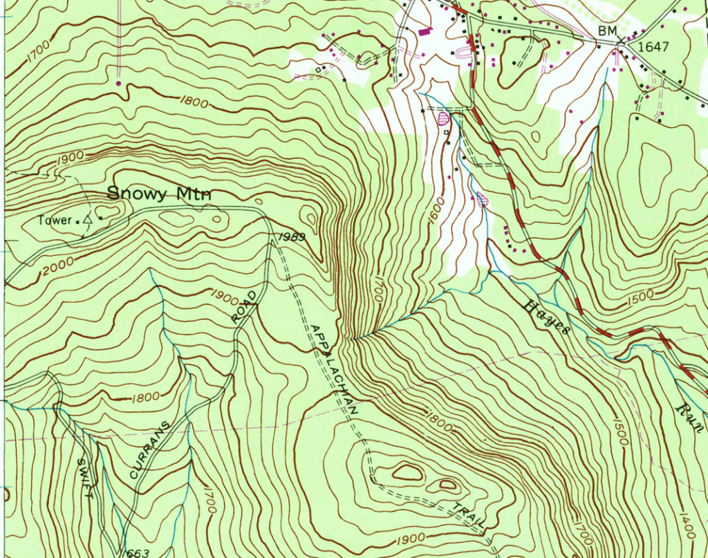 old topo map showing the appalachian trail running past snowy mountain fire tower