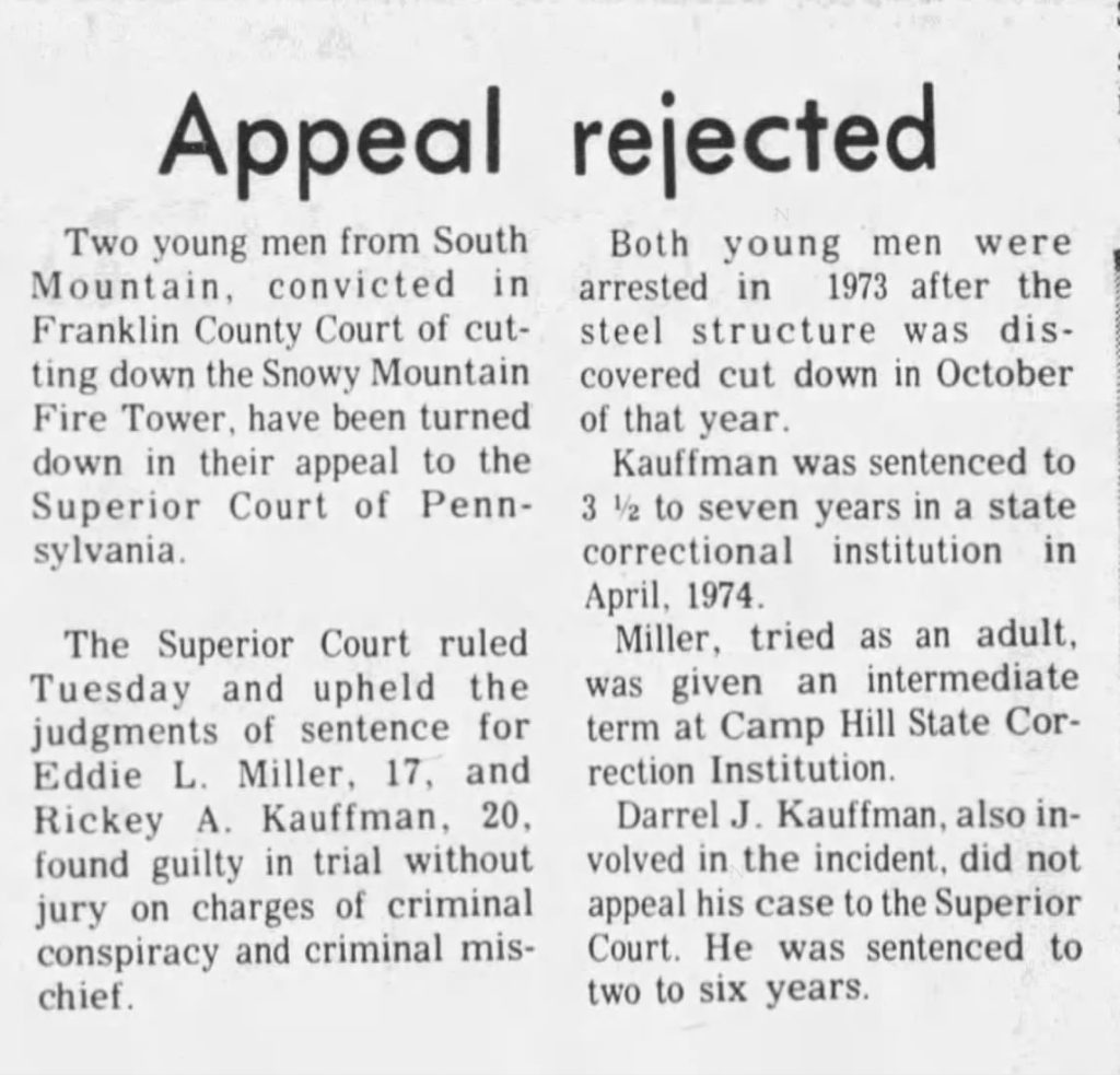 snowy mountain fire tower appeal rejected public opinion april 24 1975