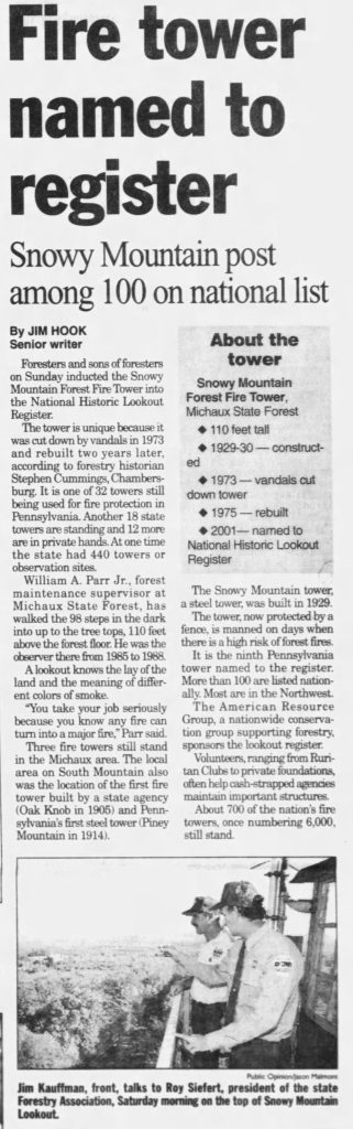 snowy mountain fire tower makes national historic register Oct 2001