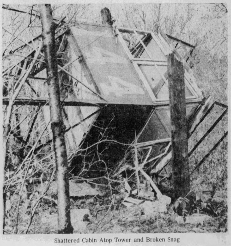 snowy mountain fire tower shattered cabin