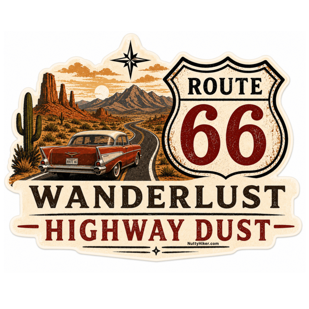 Wanderlust highway dust route 66 sticker with a vintage look